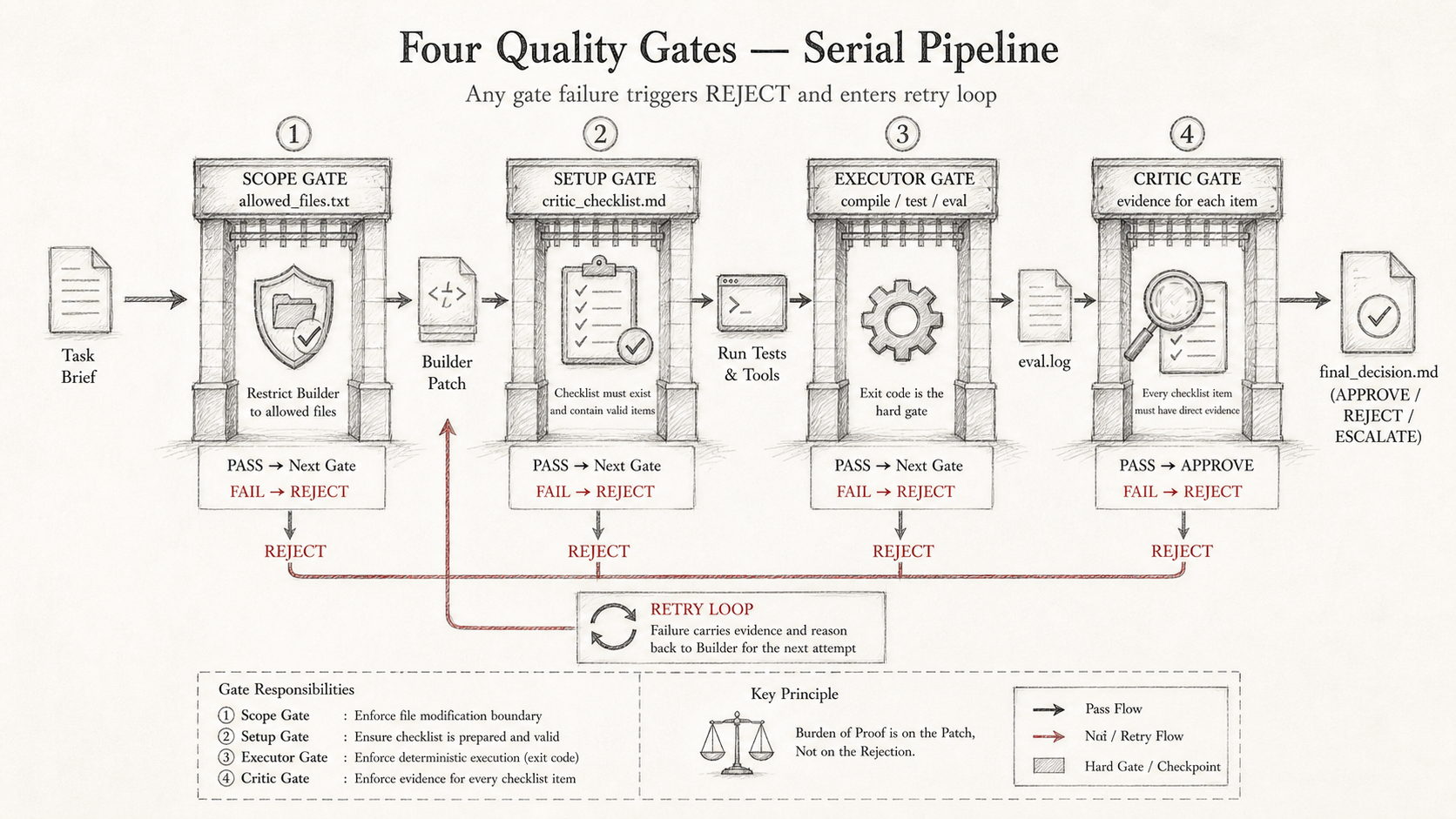 Four sequential gates — the earlier the failure, the lower the cost